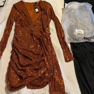 Fashion Nova Sequin Wrap Dress in Bronze